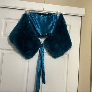 Teal Faux Fur Stole with Satin Ties